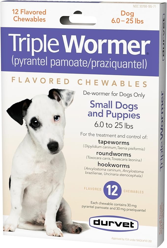 DURVET 12 flavored – chewables Triple Wormer Tablets for Small Dogs & Puppies
