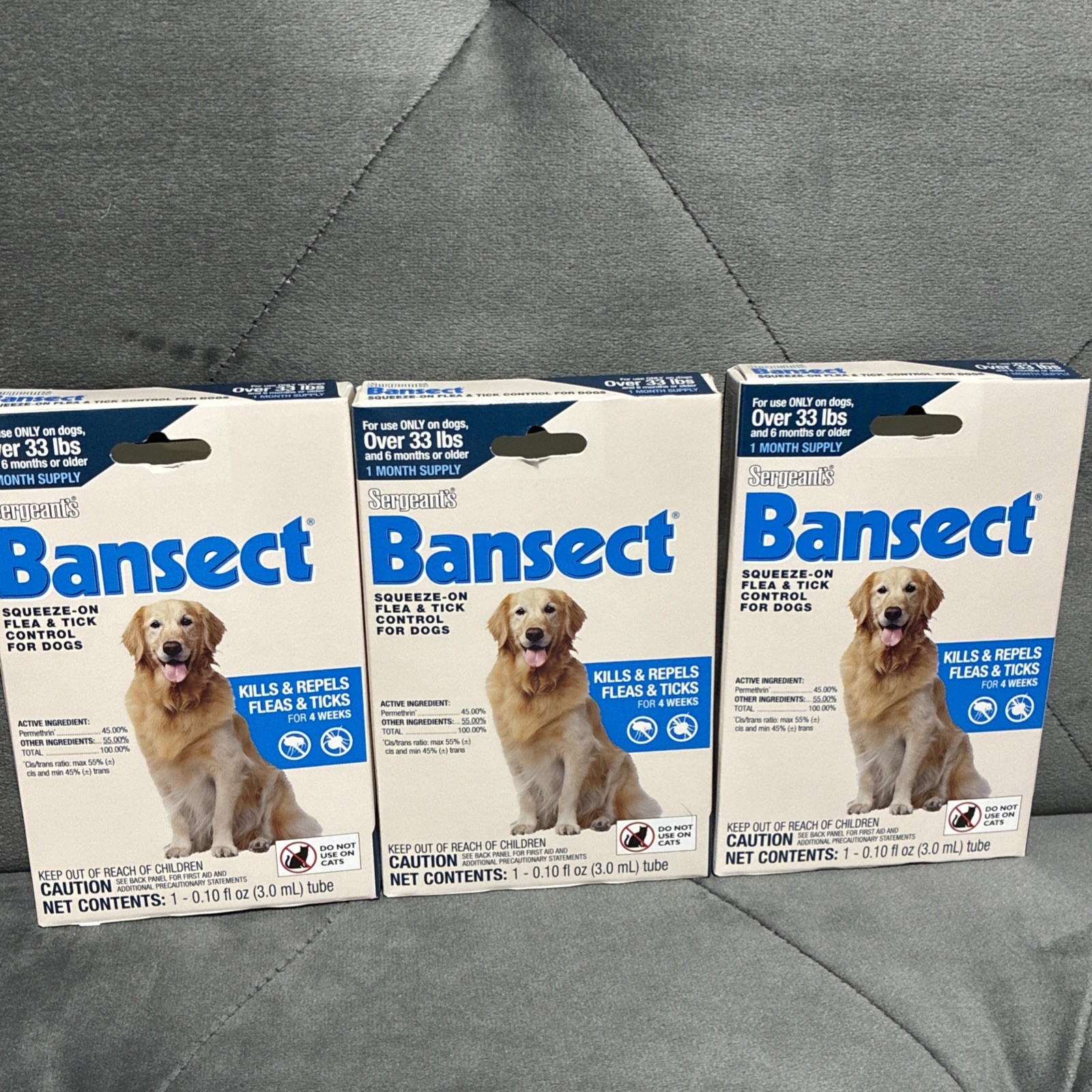 3 Packs Sergeant’s Bansect Squeeze-on Dog Flea & Tick Control Over 33lbs New