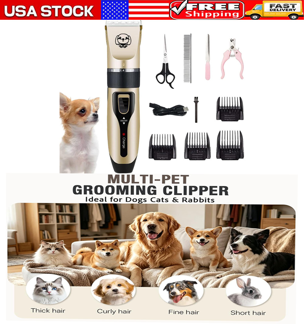 Dog Cat Pet Grooming Kit Rechargeable Cordless Electric Hair Clipper Trimmer Set