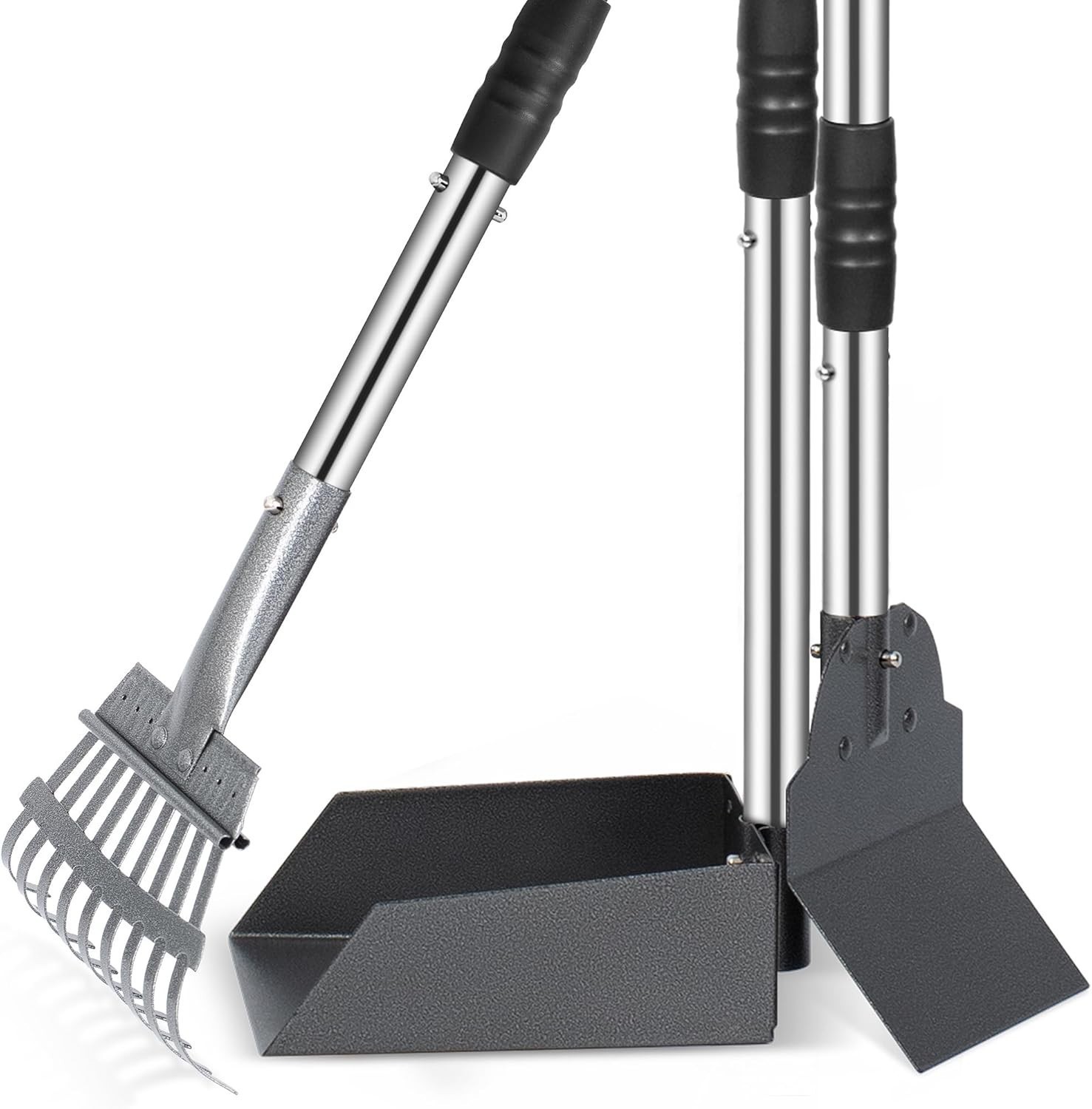 Large Dog Pooper Scooper Metal Poop Tray & Rake W/ Long Handle Pet Waste Removal