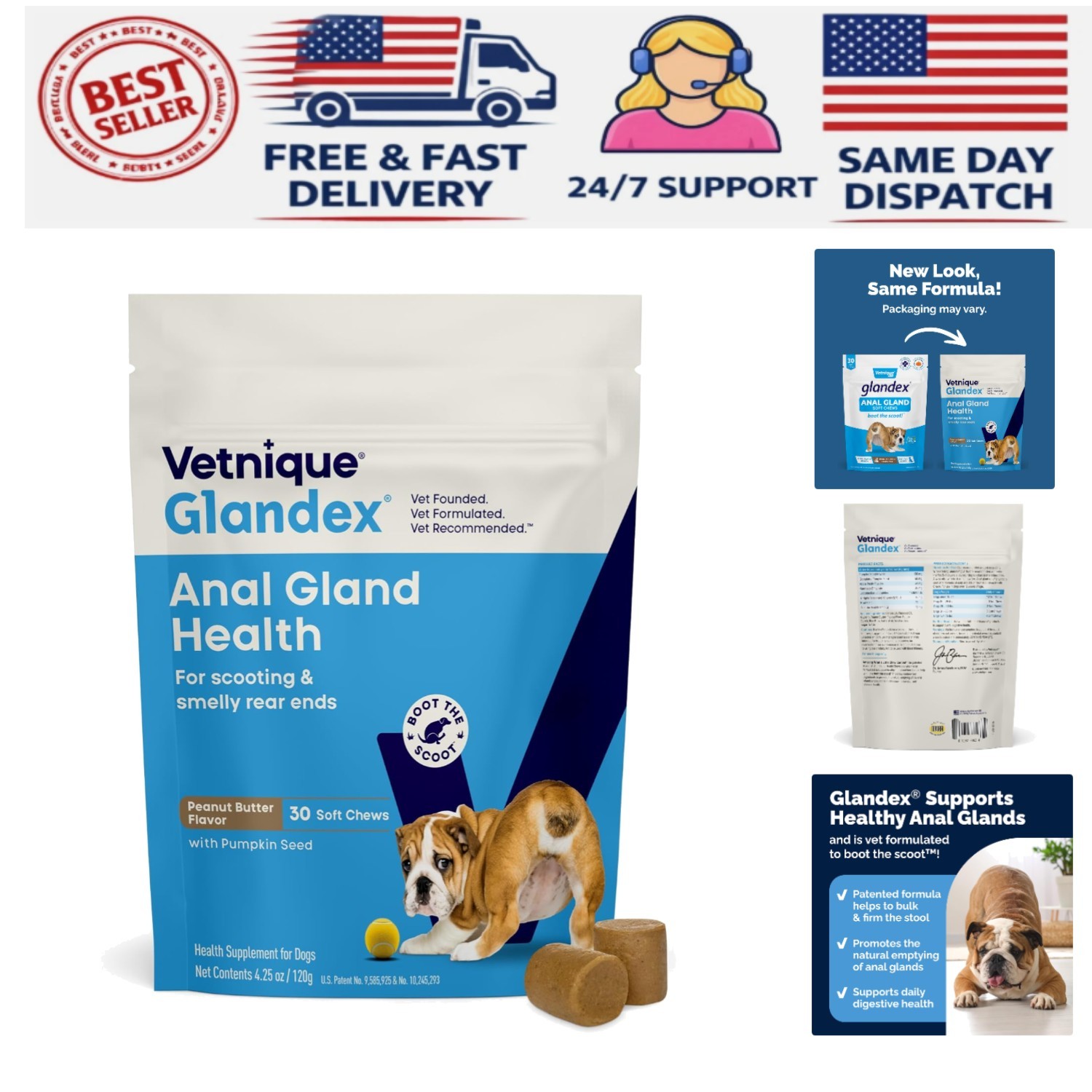 Glandex 30ct Soft Chews – Supports Anal Gland Health with Pumpkin & Probiotics