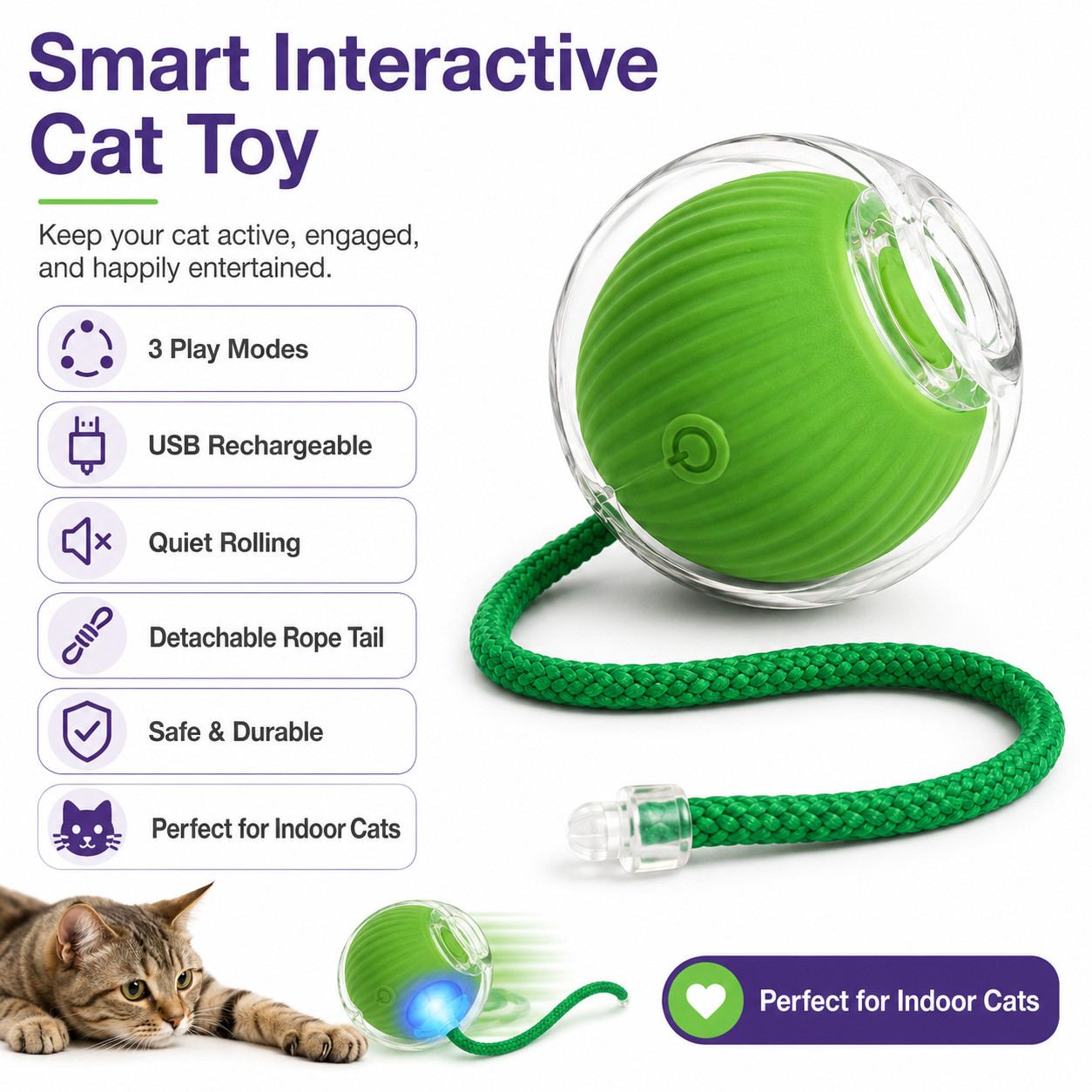 Smart Interactive Cat Toy Ball USB Rechargeable 3 Modes Rope Tail Gray Green