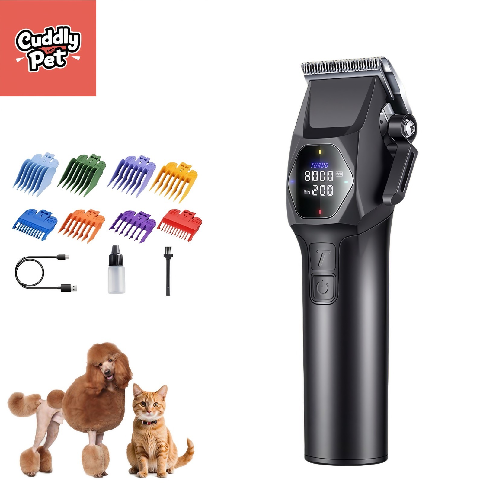 Professional 8000RPM Pet Clipper Kit for Large Dogs & Cats, Type-C, 4 Speeds