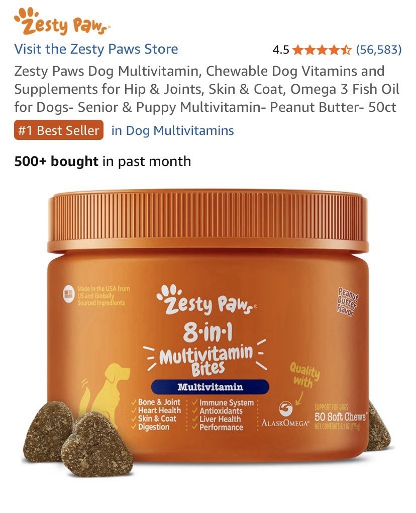 Zesty Paws 8-in-1 Multivitamin Bites for Dogs, 50ct, Peanut Butter ~ 03/2028