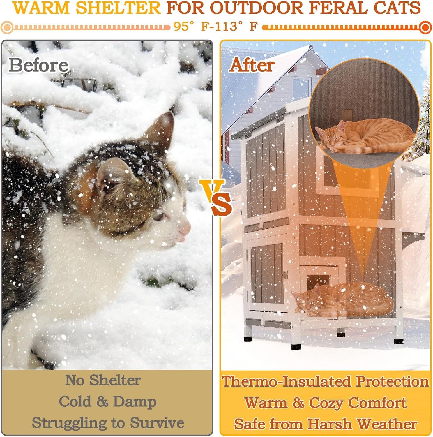 PetsCosset Insulated Cat House Outdoor Shelter Two Story Wooden with Roof,Grey