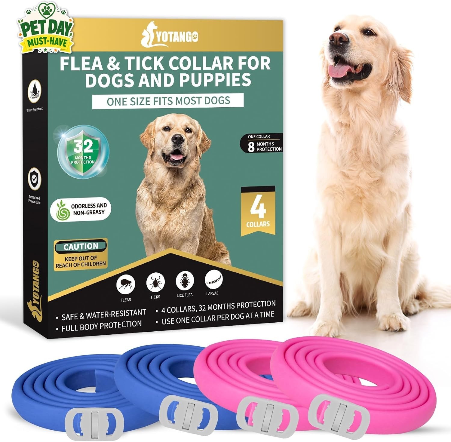 4-Pack Dog Flea & Tick Collar Waterproof 32 Months Protection