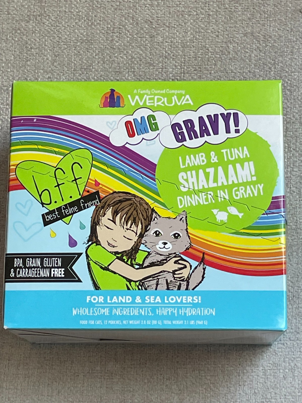 WERUVA OMG GRAVY LAMB & TUNA DINNER IN GRAVY 12 PACK CAT FOOD 2.8OZ EXP 06/27/28