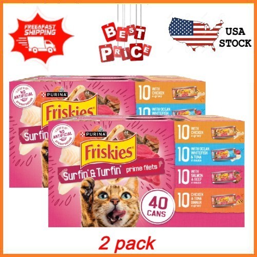 2 pack Purina Friskies Surfin’ and Turfin’ Variety Pack, Wet Cat Food 5.5 oz Can