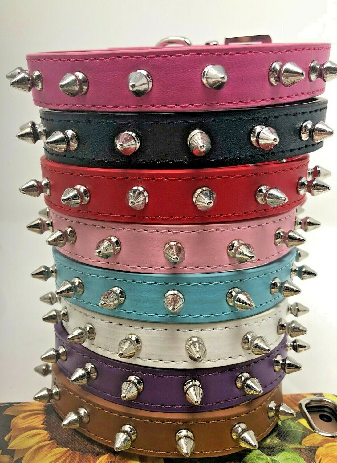 Dog Collar Spikes Studded Rivets Adjustable Faux Leather XS S M L 8 Colors