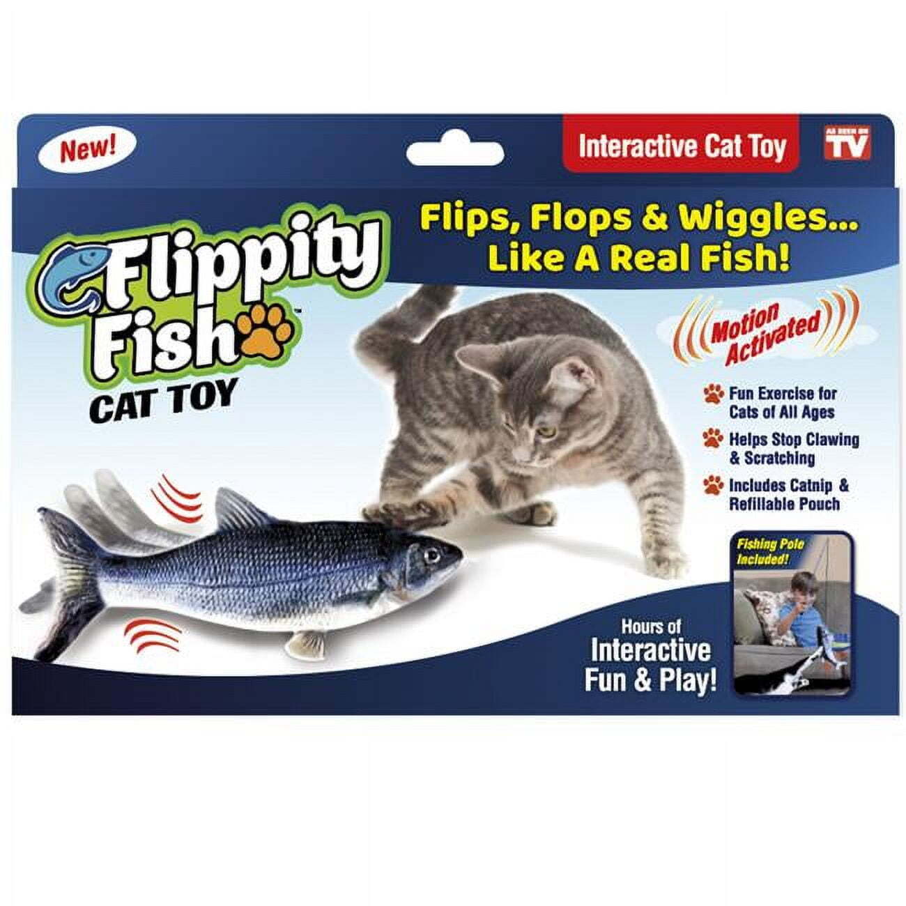 Flippity Fish Motion Activated Interactive Rechargeable Cat Toy w/Catnip & Pole
