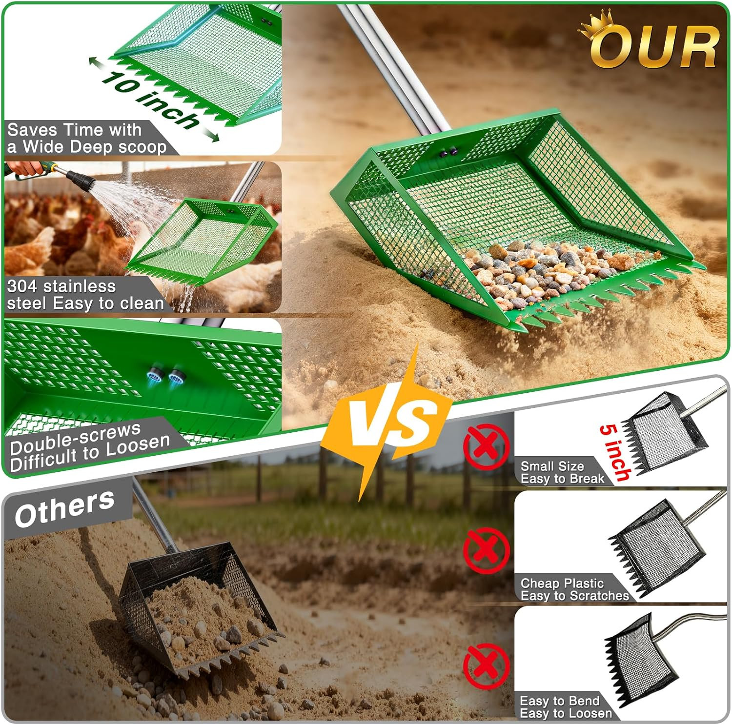 Large Chicken Poop Scooper: 2-In-1 Metal Pooper Scooper & Rake Adjustable 62″