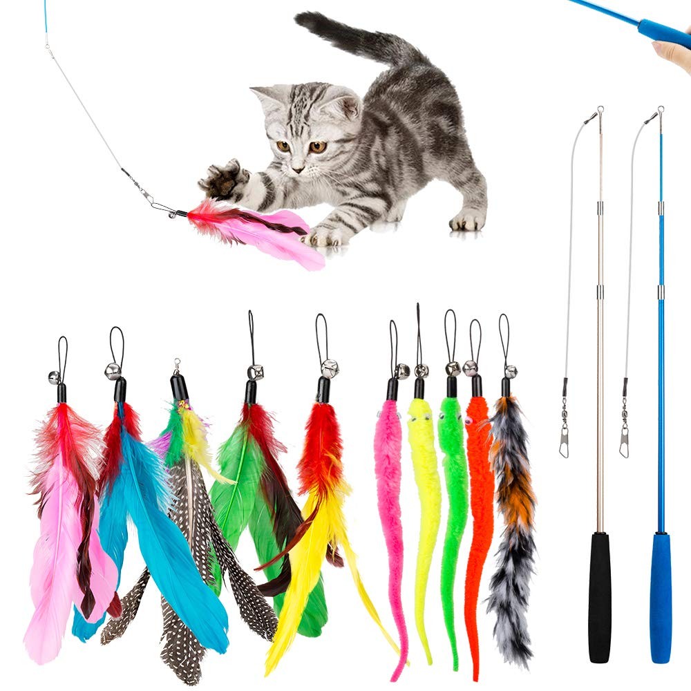 Cat Toys Interactive Feather Toy, 2PCS Retractable Wand and 10PCS Replacement…