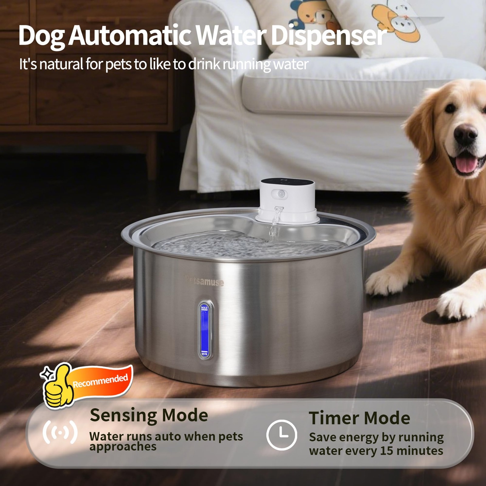 2.8Gal/11L Cordless Dog Water Fountain For Large Dogs Petsamuse 5000Mah Battery