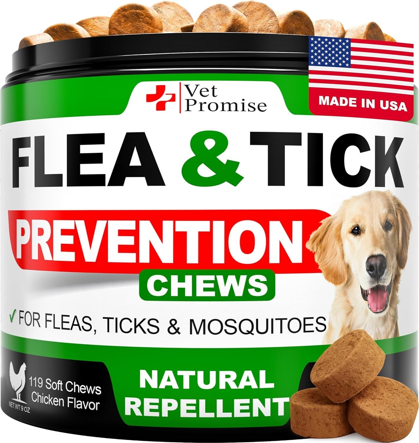 100% Natural Flea and Tick Prevention Chewable Pills for All Dogs, Made In USA