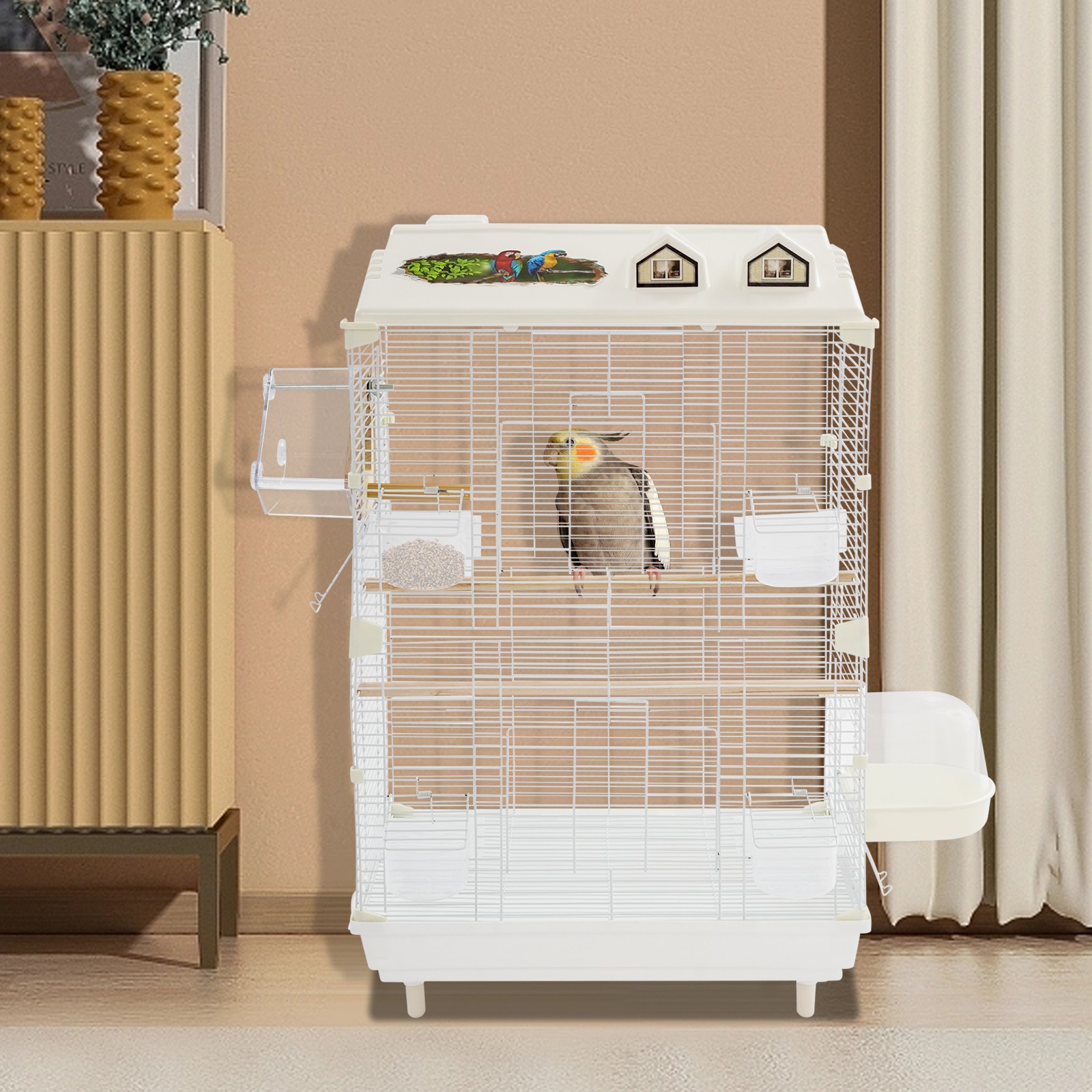 2 Tiers British Style Parrot Cage, White Birdcage Kit, Freestanding Canary Cage