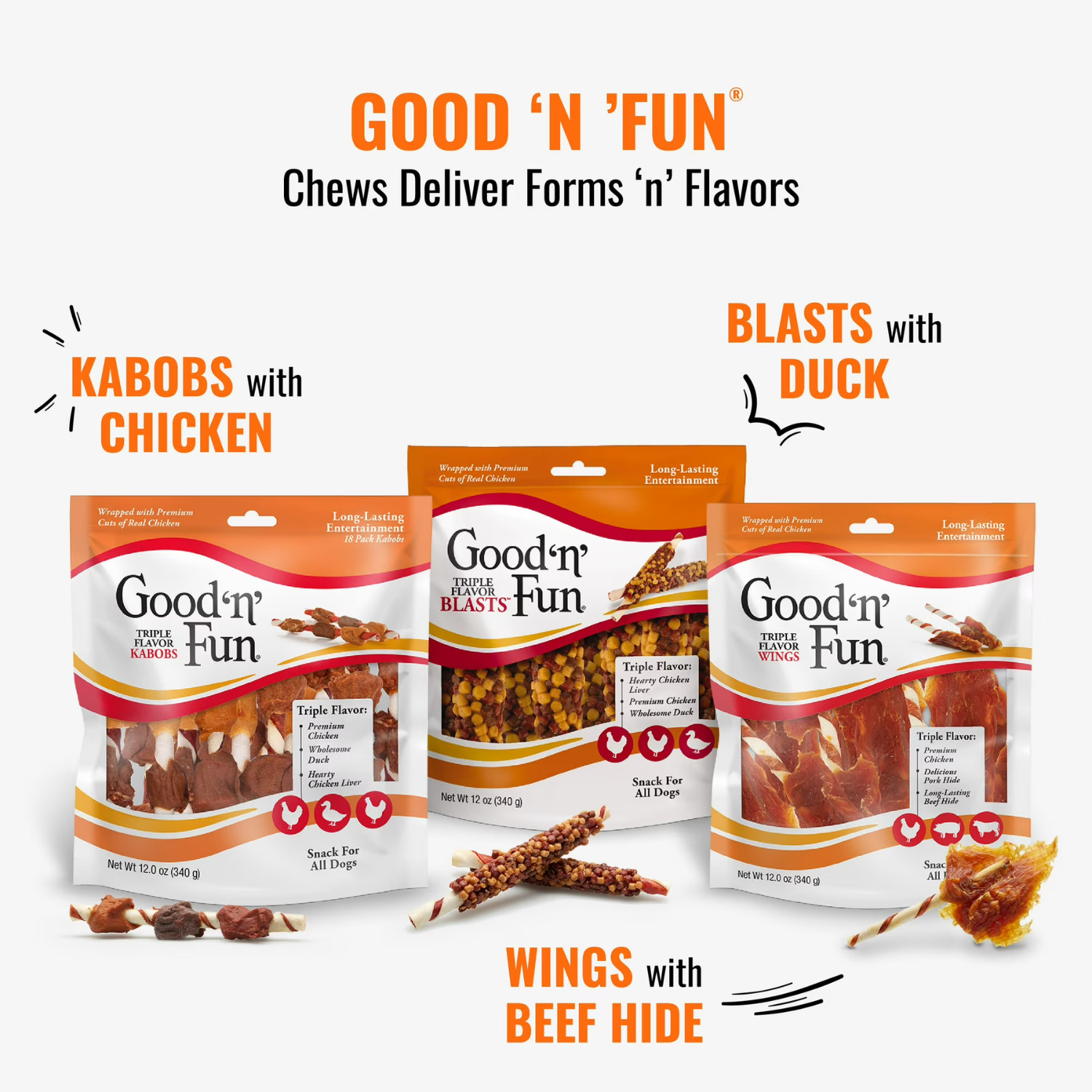 Good ‘n’ Fun Triple Flavor Kabobs, Rawhide Chews for All Dogs, 12 oz, 2 Pack