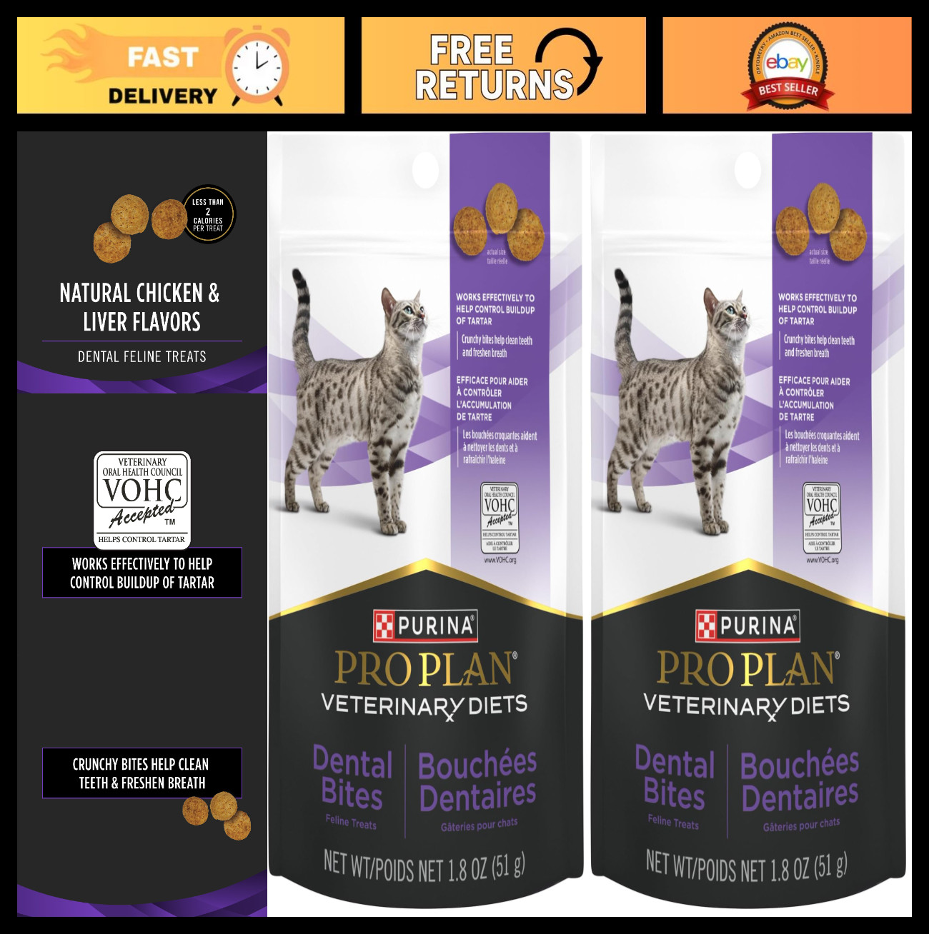 Dental Bites Cat Treats – Veterinary Diet, 1.8 oz Pouch, Pack of 2, Healthy Snac