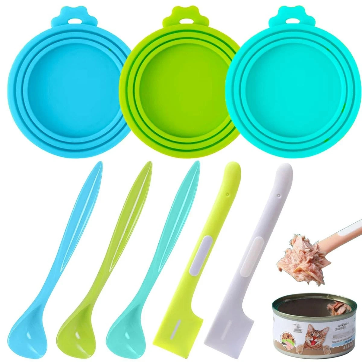 3 Pack Silicone Pet Can Cover Lids with 5 Spoons Set for Pet Wet Canned Food