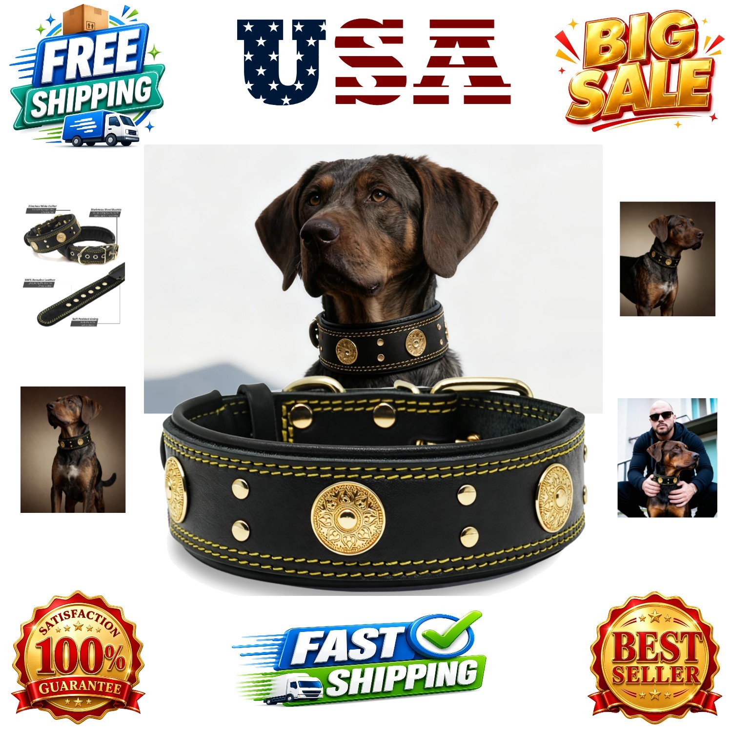 Genuine for Large Dogs,2 in Wide Heavy Duty,BK-GD-M | Handmade,Stainless Stee…