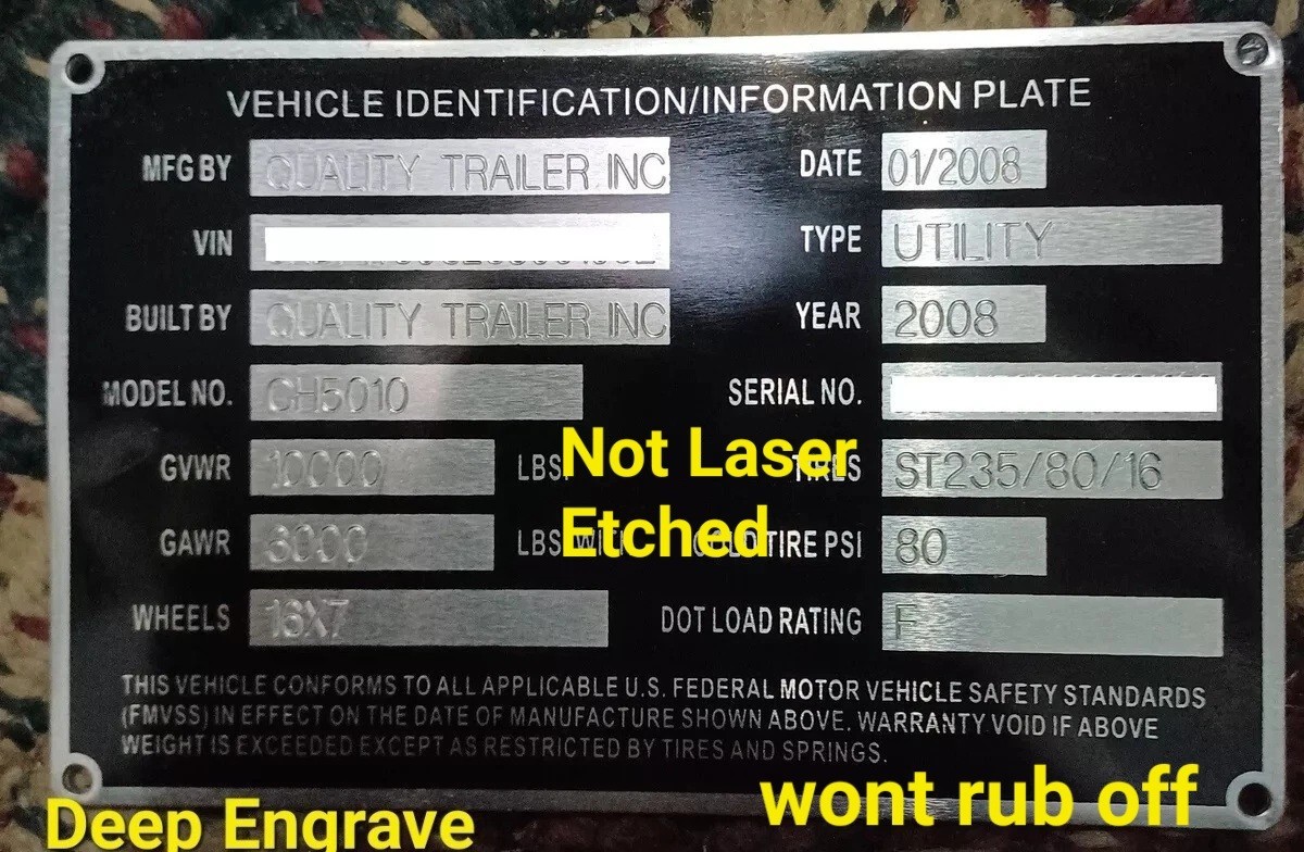 Custom Engraved Aluminum Car Hauler Semi Trailer ID Serial Tag Data Plate 14Line