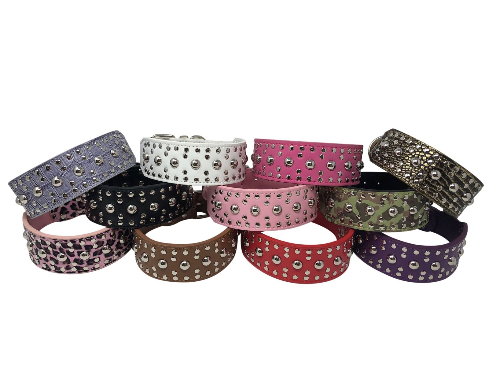 Dog Collar Studded Rivet Adjustable Faux Leather 2″ wide S M L XL 13 Colors