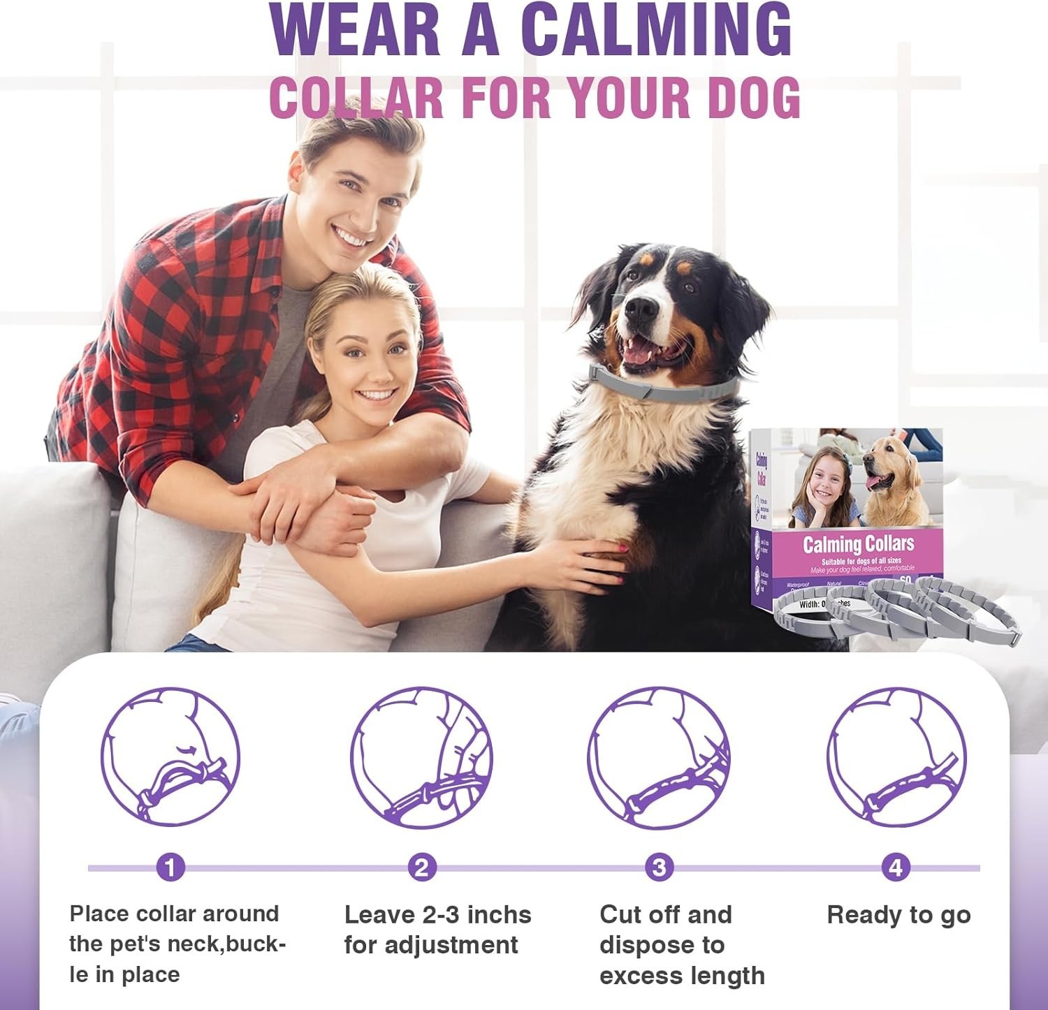 4-Pack Adjustable Calming Collars for Dogs | Lasts 60 Days | Stress Relief