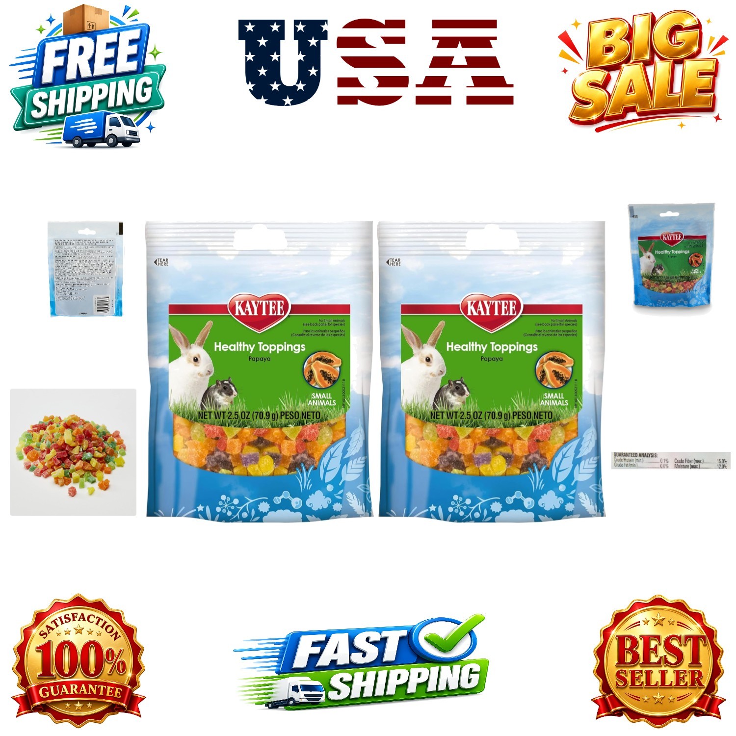 Fiesta Healthy Toppings Papaya Treat for Small Animals, 2.5-Oz Bag Pack of 2