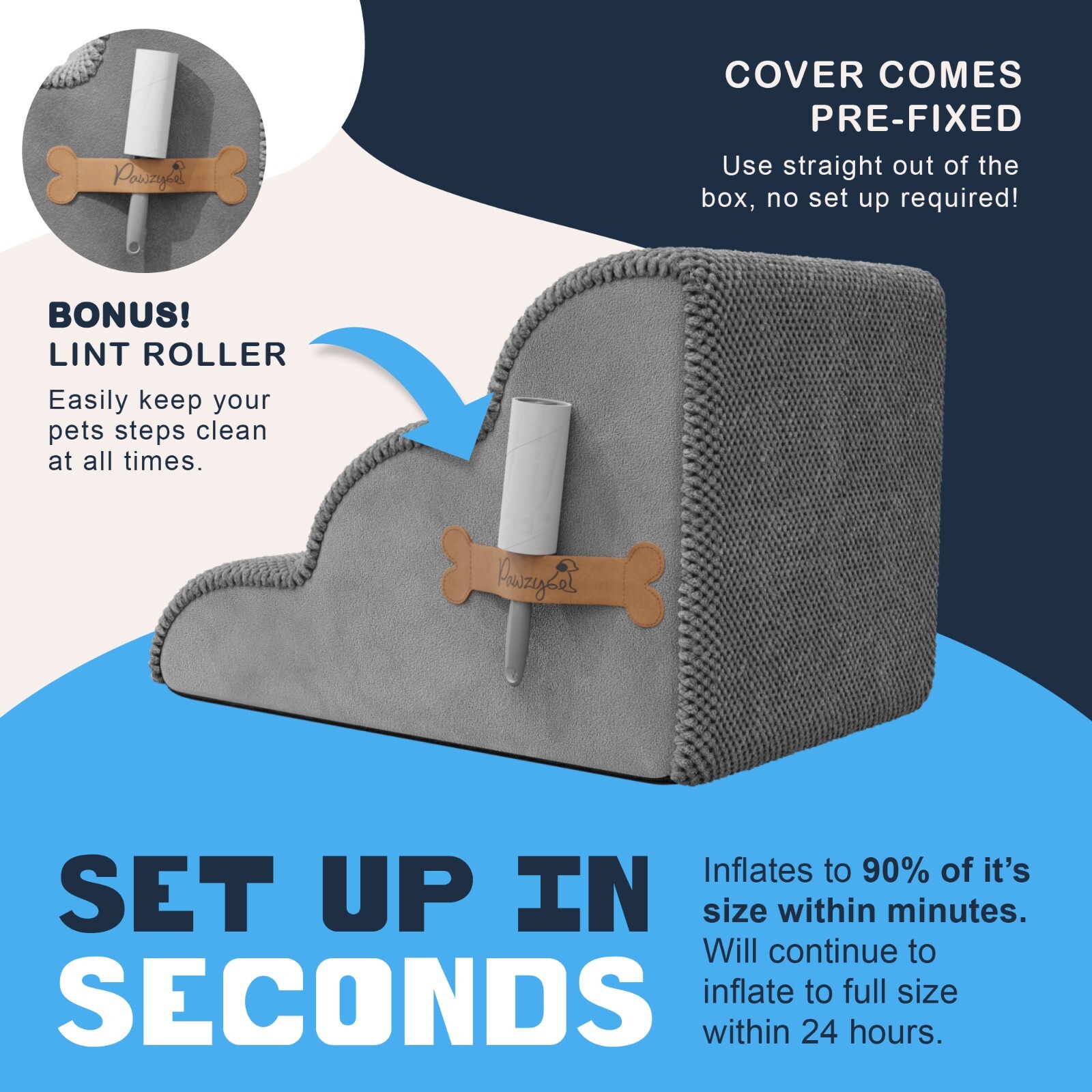 Foam Pet Stairs for Bed, Couch or Window PREFIXED COVER – Wide Dog Steps for Bed