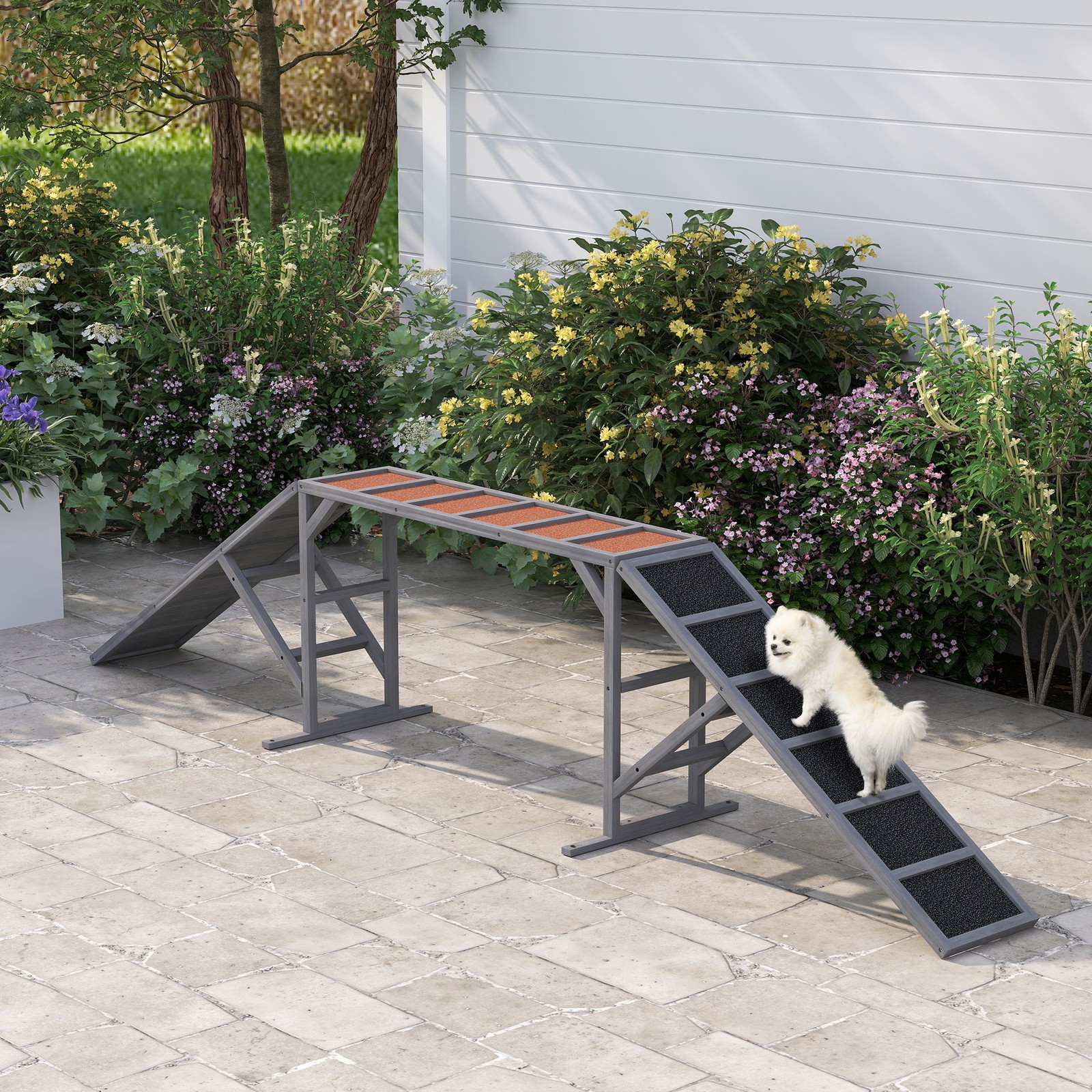 Dog Agility Equipment Ramp with Safety Bar, Non-slip Surface, Gray