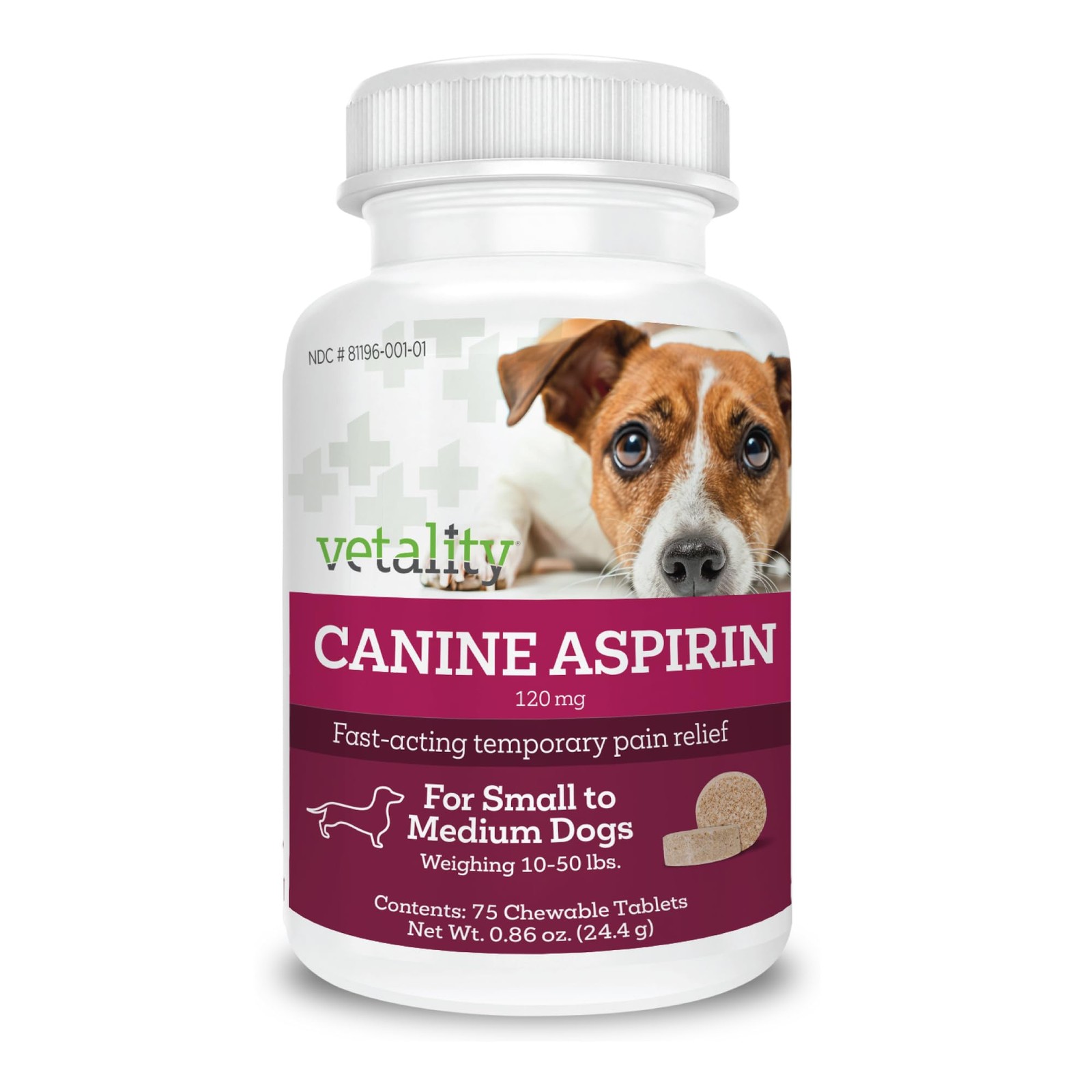 Vetality Canine Aspirin for Dogs | Fast Pain Small – Medium Dogs, No Color