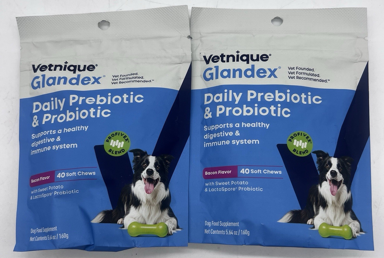 New Lot 2 Vetnique Glandex Daily Dog Prebiotic&Probiotic Soft Chews Bacon 40 ct.