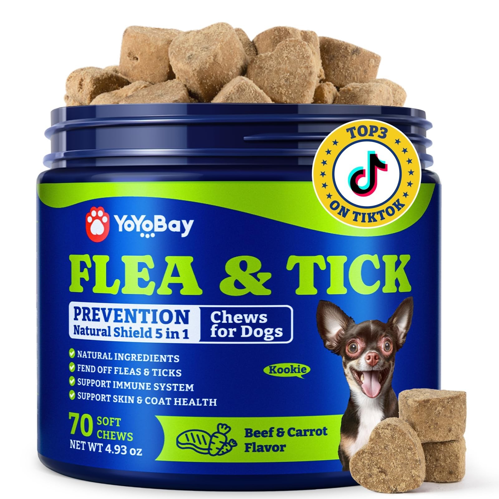 Flea and Tick Natural Prevention for Dogs Chewable, Flea & Tick 70 Chews Dog