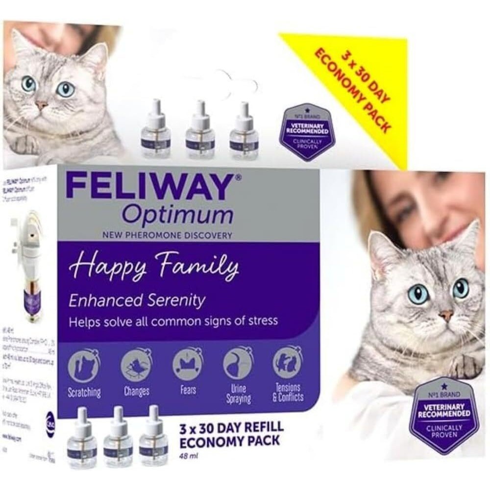 NEW Feliway Optimum Cat Enhanced Calming Pheromone 48ml Set 3×30 Days Refill Cat