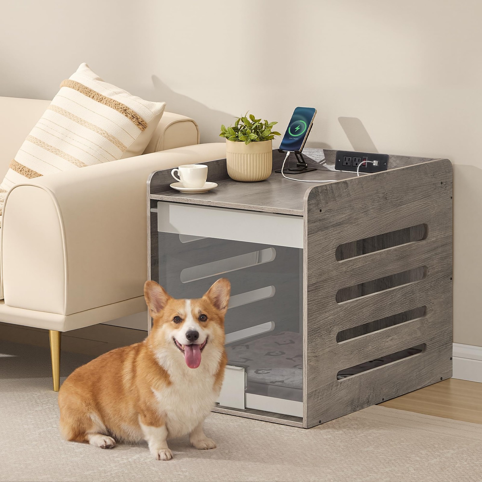 Modern Dog Crate Furniture with Charging Station, Small Kennel Indoor with Fl…