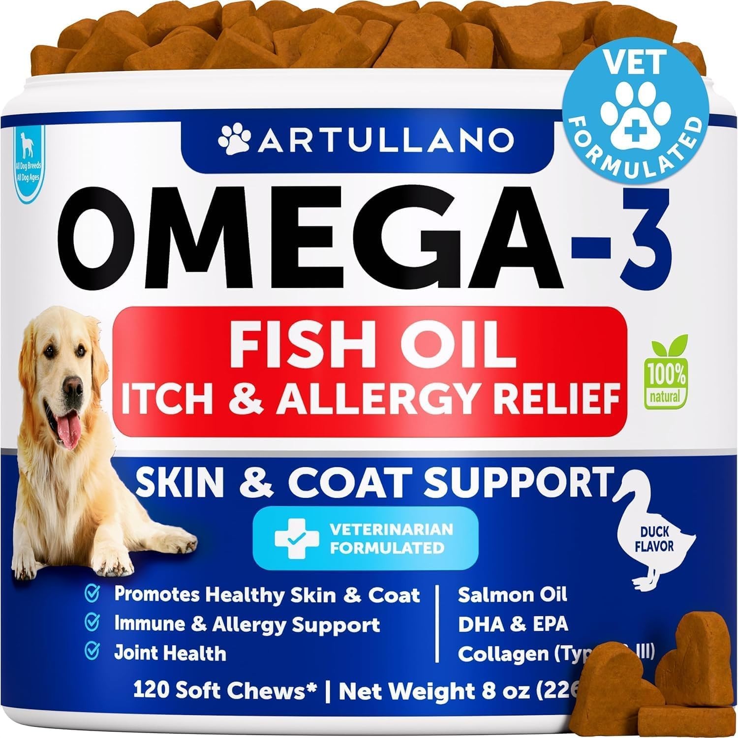 Omega 3 Skin & Coat Fish Oil Soft Chews for Dogs -Itch Relief, Salmon Oil 120ct