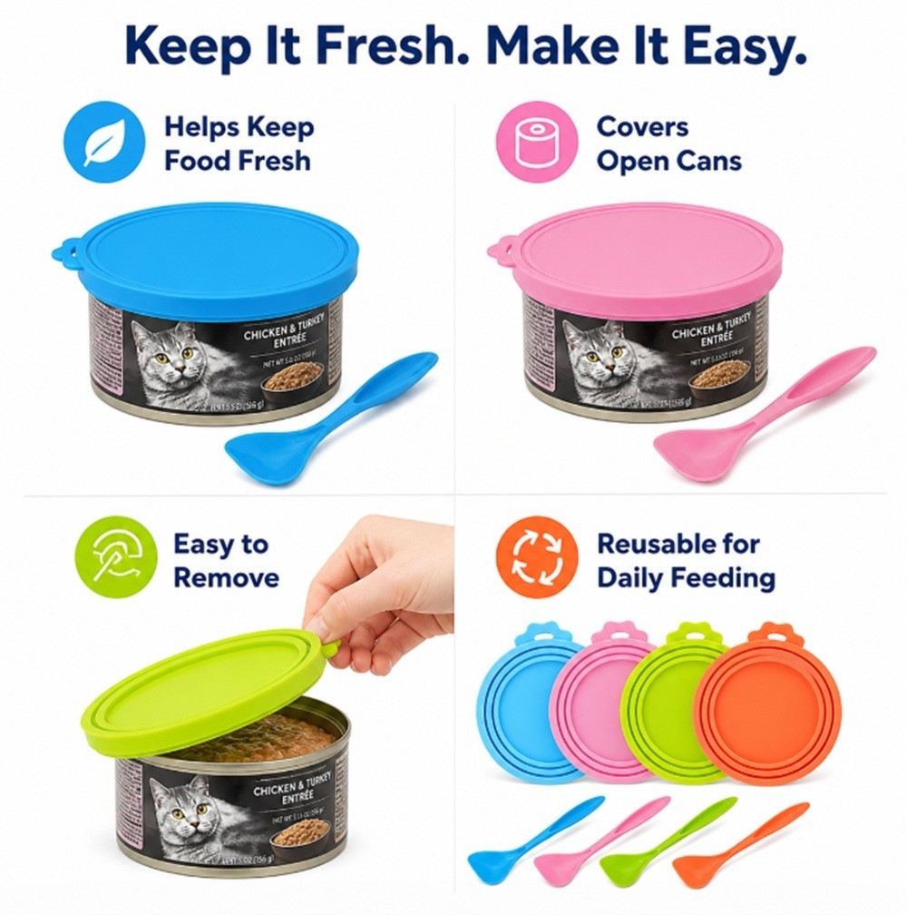 4 Ps Pet Food Can Cover Set w Spoon-Silicone Can Lids for Dog & Cat Food Storage