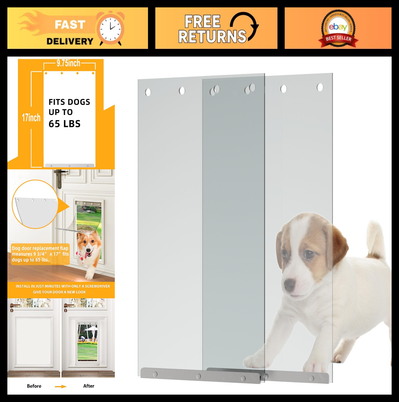 2-Pack Dog Door Replacement Flaps 9.75″ x 17″ for Dogs up to 65 lbs, XL Flexible